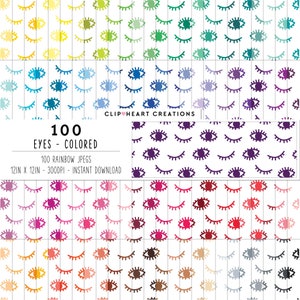 May include: A digital download of 100 colorful eye patterns. Each pattern features a white background with a repeating pattern of closed eyes in various shades of the rainbow. The text "100 EYES - COLORED" is at the top of the image. The text "100 RAINBOW JPEGS" is below that. The text "12IN X 12IN - 300DPI - INSTANT DOWNLOAD" is below that.