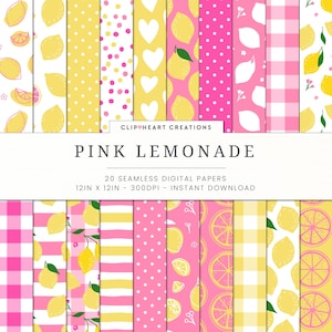 Motifs de papier numérique limonade rose, 20 utilisations commerciales sans couture, téléchargement immédiat, papier numérique sur le thème limonade rose, papiers numériques citron