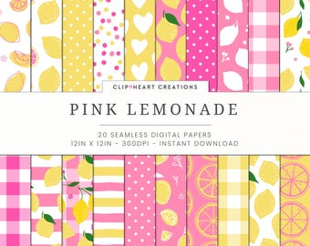 Pink Lemonade Digital Paper Patterns, 20 Seamless Commercial Use Instant Download Pink Lemonade Themed Digital Paper, Lemon Digital Papers