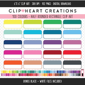 May include: A set of 100 half-rounded rectangle clip art images in various colours. The clip art is 6 inches by 6 inches and 300 DPI. Bonus black and white files are included.