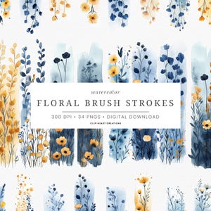 May include: Watercolor floral brush strokes in shades of blue, yellow, and gold. The image features various floral arrangements on a white background. The text on the image reads "watercolor floral brush strokes".