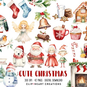 Set di clipart acquerello natalizio carino, download istantaneo per uso commerciale PNG clipart digitale acquerello, pacchetto acquerello festività natalizie