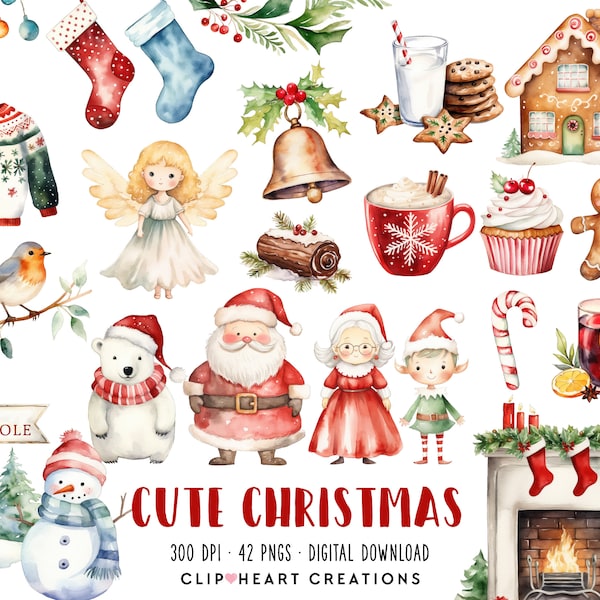 Cute Christmas Watercolor Clipart Set, Commercial Use Instant Download PNG Watercolour Digital Clip Art,  Holiday Season Watercolour Pack