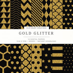 Gold Glitter Patterns Digital Paper Pack, Commercial Use 14 Gold & Black Glitter Pattern Digital Papers, Instant Download
