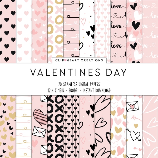 20 Valentines Themed Digital Papers, Seamless Commercial Use Instant Download Valentines Themed Digital Paper, Blush and Gold Valentines Day