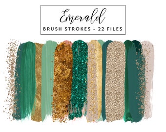 Emerald Brush Strokes Clip Art, Gold Brush Strokes Clipart Paint Strokes, Commercial Use Instant Download Green Glitter Brush Strokes