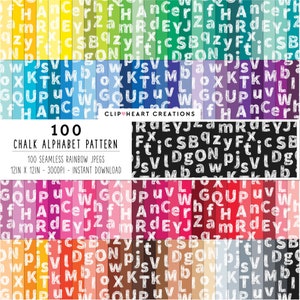 Könnte beinhalten: Digitaler Download mit 100 nahtlosen Regenbogen-JPEG-Mustern. Jedes Muster zeigt weiße Buchstaben im Kreidestil auf farbigem Hintergrund. Das Bild enthält den Text "100 Chalk Alphabet Pattern" und misst 30,48 x 30,48 cm.