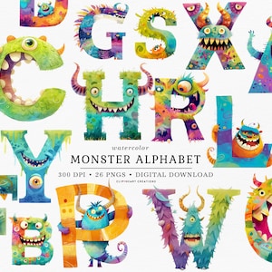 Monster Alphabet Clip Art, kommerzielle Nutzung Instant Download Fantasy digitale Alphabet Clipart, Aquarell Monster Buchstabe Alphabet Clipart