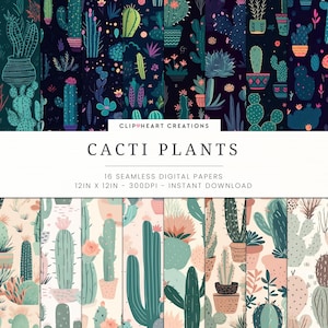 Papéis digitais com estampa de cactos, uso comercial sem costura, download instantâneo, papéis digitais para scrapbooking com desenhos de cactos pintados