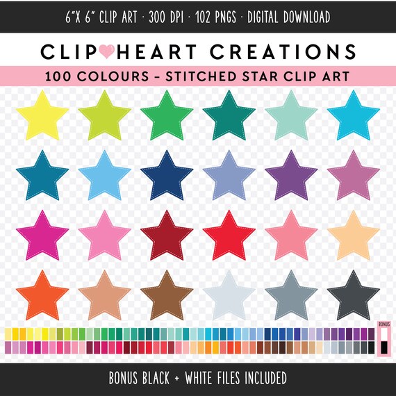 100 Stitched Stars Clip Art, Commercial Use Instant Download PNG Star Digital Clip Art, Stitched Star Clip Art, Stitched Stars Planner
