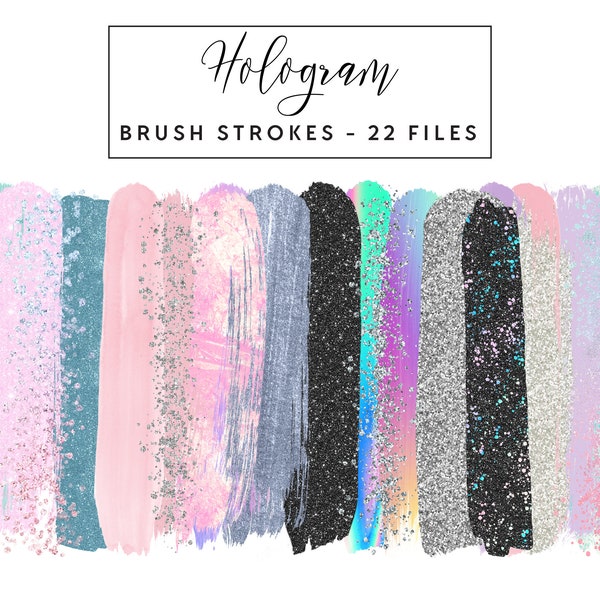 Hologram Brush Strokes Clip Art, Holographic Brush Strokes Clipart Paint Strokes, Commercial Use Instant Download Holo Glitter Brush Strokes
