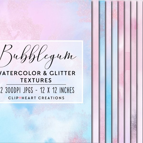 Pink and Blue Glitter Watercolor Digital Papers, Commercial Use Instant Download Watercolour Digital Paper, Bubblegum Digital Paper