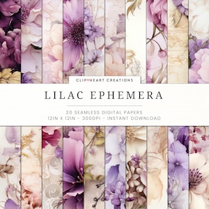 Papiers numériques floraux éphémères vintage violet lilas, papier numérique à téléchargement immédiat pour usage commercial sans couture, 20 papiers numériques sans couture