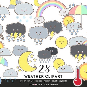 Clip Art do tempo, download instantâneo para uso comercial PNG Cute Kawaii Weather Forecast Digital Clip Art, Weather Forecast Planner Clip Art