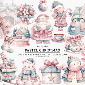 Conjunto de imágenes prediseñadas navideñas en acuarela pastel, uso comercial, descarga instantánea, imágenes prediseñadas digitales en acuarela PNG, lindas imágenes prediseñadas navideñas kawaii