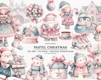 Puede incluir: Un conjunto de 39 ilustraciones navideñas en colores pastel que representan una variedad de personajes y objetos, incluyendo una niña elfo, Santa Claus, un pingüino, un hombre de jengibre, un muñeco de nieve, un reno, un oso polar, una bola de nieve, una caja de regalo y un árbol de Navidad. Las ilustraciones están en estilo acuarela y son perfectas para crear manualidades y proyectos festivos.