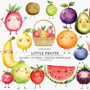 Niedliches Aquarell Kleine Früchte Clipart Set - 27 PNGs - Digital Download - Entzückende Kawaii Obst Illustrationen für Kinder Handwerk, Scrapbooking