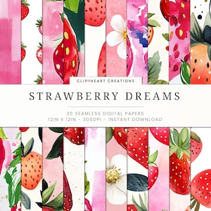 20 Strawberry Themed Digital Papers, Seamless Commercial Use Instant Download Strawberries Themed Digital Paper,  Strawberry Digital Papers