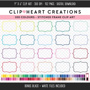 May include: A set of 100 colorful stitched frame clip art images. The frames are in various colors, including yellow, green, blue, purple, red, pink, and gray. The frames are all the same size and shape, and they have a stitched border. The frames are perfect for adding a touch of whimsy to your designs.