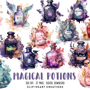 May include: 37 watercolor illustrations of magical potion bottles with various colors, designs, and labels. The bottles are surrounded by flowers, leaves, and other whimsical elements. The text "Magical Potions" is written in purple letters at the bottom of the image.