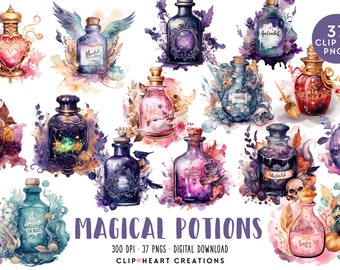 Peut inclure: 37 illustrations à l'aquarelle de flacons de potions magiques avec différentes couleurs, motifs et étiquettes. Les flacons sont entourés de fleurs, de feuilles et d'autres éléments fantaisistes. Le texte "Potions magiques" est écrit en lettres violettes en bas de l'image.