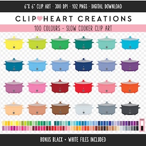 May include: A set of 100 colorful slow cooker clip art images in PNG format. The images are 6 inches by 6 inches and 300 DPI. The images are perfect for creating digital designs, scrapbooking, and other crafts.