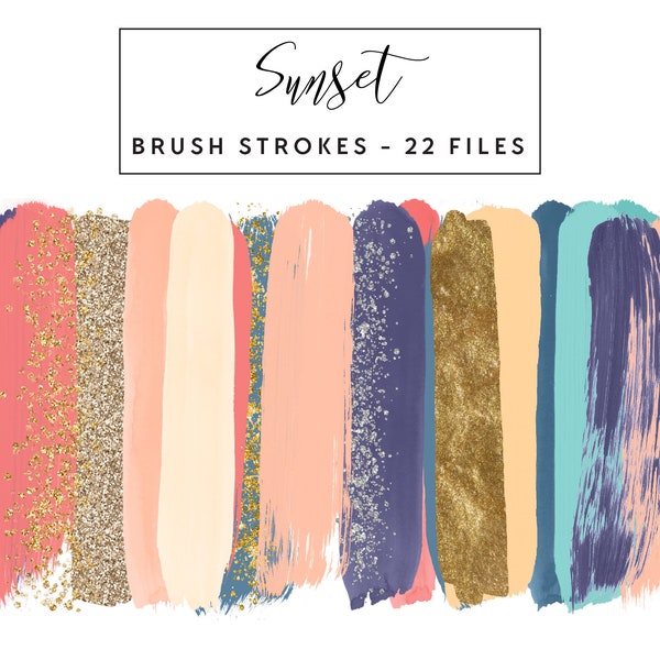 Sunset Brush Strokes Clip Art, Gold Brush Strokes Clipart Paint Strokes, Commercial Use Instant Download Pink Glitter Brush Strokes