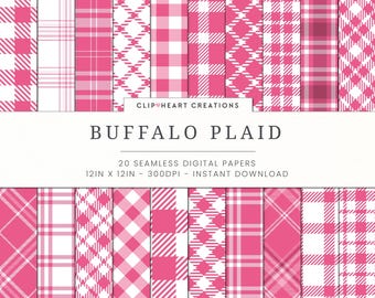 Pink Buffalo Plaid Digital Paper Set, Seamless Lumberjack Plaid Papers, Personal & Commercial Use Buffalo Check Papers, Tartan, Checkered