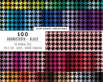 100 papel digital Houndstooth, uso comercial papeles digitales de patrón Houndstooth sin costuras, papeles planificadores de pata de gallo negro