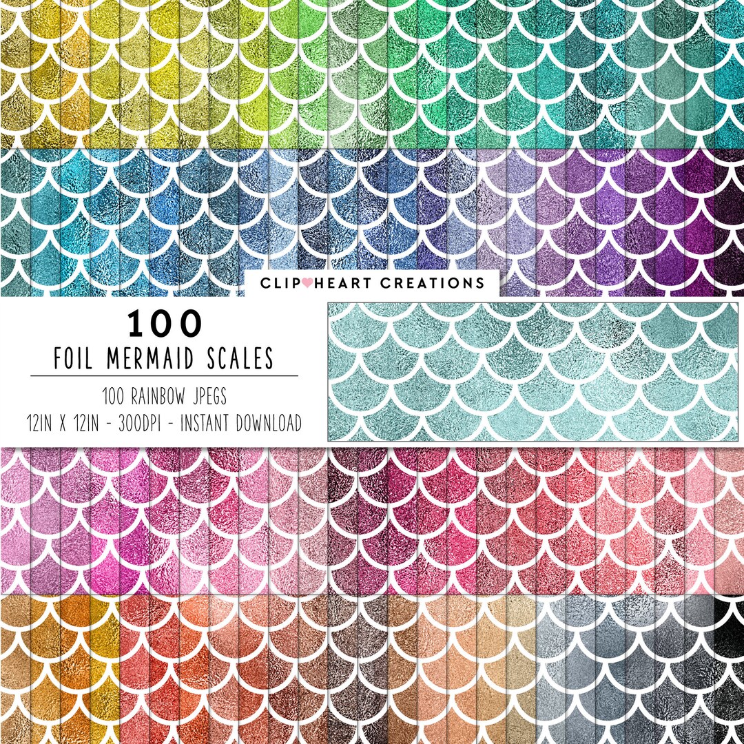 Paper Scale Fush 100 Foil Mermaid Scales Digital Papers, Commercial Use Instant Download ...
