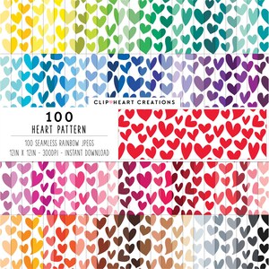 May include: 100 seamless digital paper patterns featuring a rainbow of colors with a heart design. Each pattern is 12 inches by 12 inches and 300 DPI.