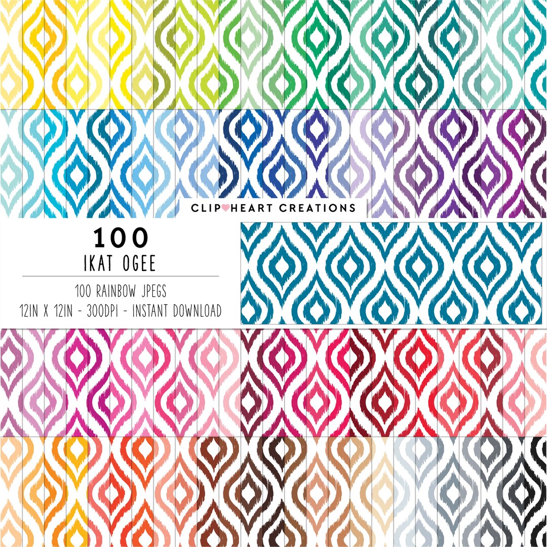 100 Ikat Ogee Pattern Digital Paper, Commercial Use Seamless Rainbow ...
