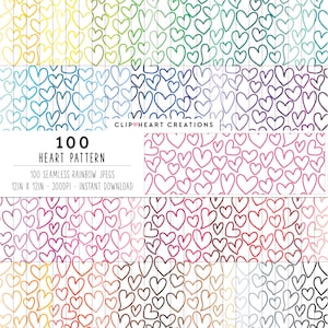 Puede incluir: 100 patrones de papel digital sin costuras que presentan un arcoíris de colores con un contorno blanco en forma de corazón. El texto "100 HEART PATTERN" está en la parte superior de la imagen. El texto "100 SEAMLESS RAINBOW JPEGS" está debajo del título. El texto "12IN X 12IN - 300DPI - INSTANT DOWNLOAD" está debajo del texto "100 SEAMLESS RAINBOW JPEGS".