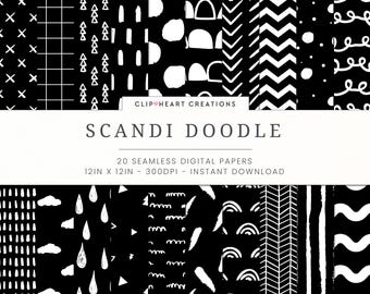 Black & White Doodle Seamless Digital Papers, Commercial Use Instant Download, Scandi black and white doodle pattern papers