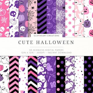 20 papéis digitais fofos com tema de Halloween, uso comercial perfeito, download instantâneo, papel digital com tema de Halloween, Halloween rosa e roxo