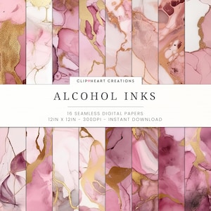 Pink and Gold Alcohol Ink Seamless Digital Papers, Seamless Commercial Use Instant Download Abstract Paint Digital Scrapbooking Papers
