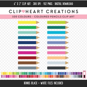 100 Colored Pencils Clip Art, Commercial Use Instant Download PNG Pencil Digital Clip Art, Coloured School Pencils Digital Clipart