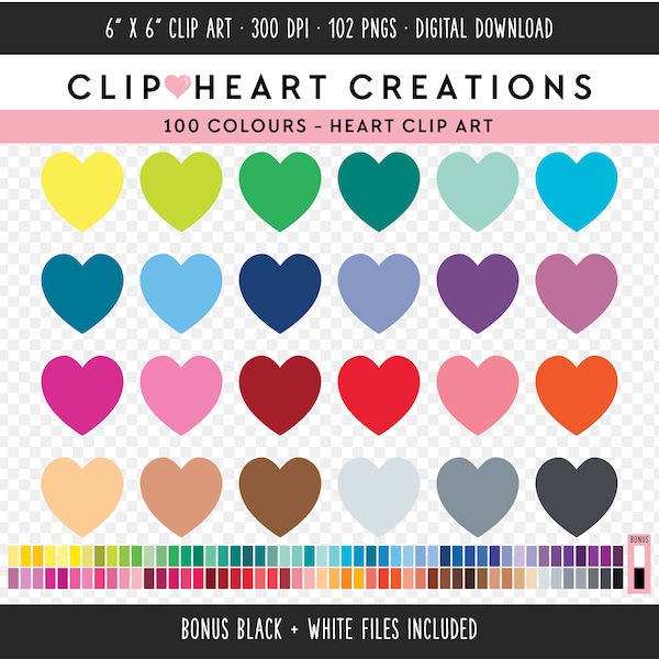 100 Heart Clip Art, Commercial Use Instant Download PNG Hearts Digital Clip Art, Rainbow Heart Shape Scrapbooking Planner Clipart