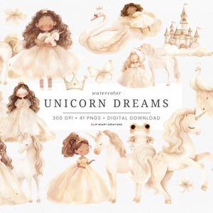 Unicorn Dreams PNG Clipart | Princess & Unicorns, Watercolor Fantasy Fairytale Animals | Magical Kids Party Clipart Bundle