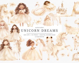 Puede incluir: Ilustración en acuarela titulada "Unicorn Dreams" con varios elementos de cuento de hadas. La imagen incluye unicornios, princesas, un castillo y otras criaturas caprichosas en tonos suaves y neutros. El texto indica 300 DPI y 41 PNG.