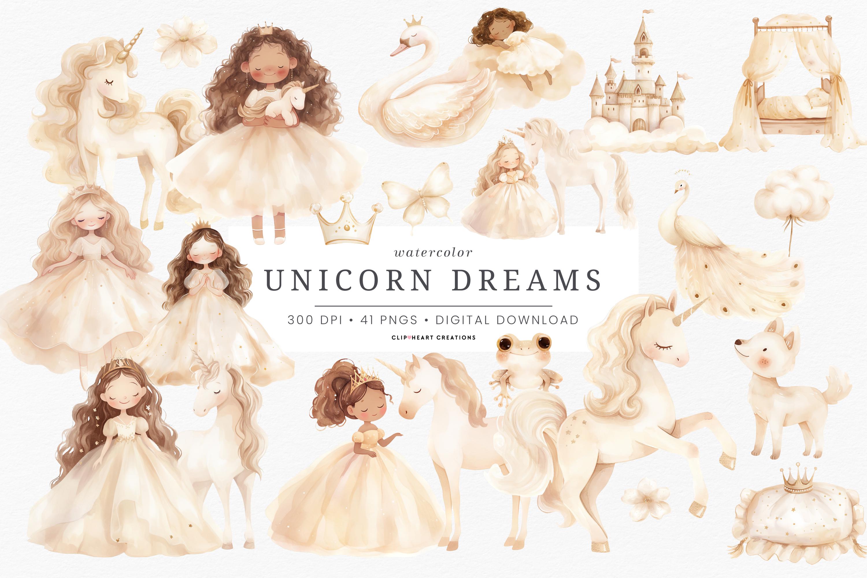 Unicorn Dreams PNG Clipart Bundle: Watercolor Princess, Fairytale ...