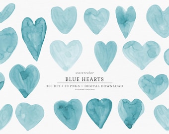 Blaue Aquarell Herzen Clip Art, kommerzielle Nutzung Sofort-Download PNG handgemalte Aquarell Herzen Digitale Clip Art, Herzen Planer Clipart