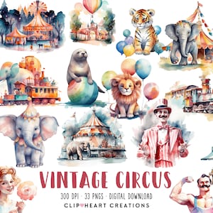 Collection de cliparts aquarelle cirque vintage, usage Commercial téléchargement immédiat PNG aquarelle numérique Clip Art, Pack aquarelle vintage