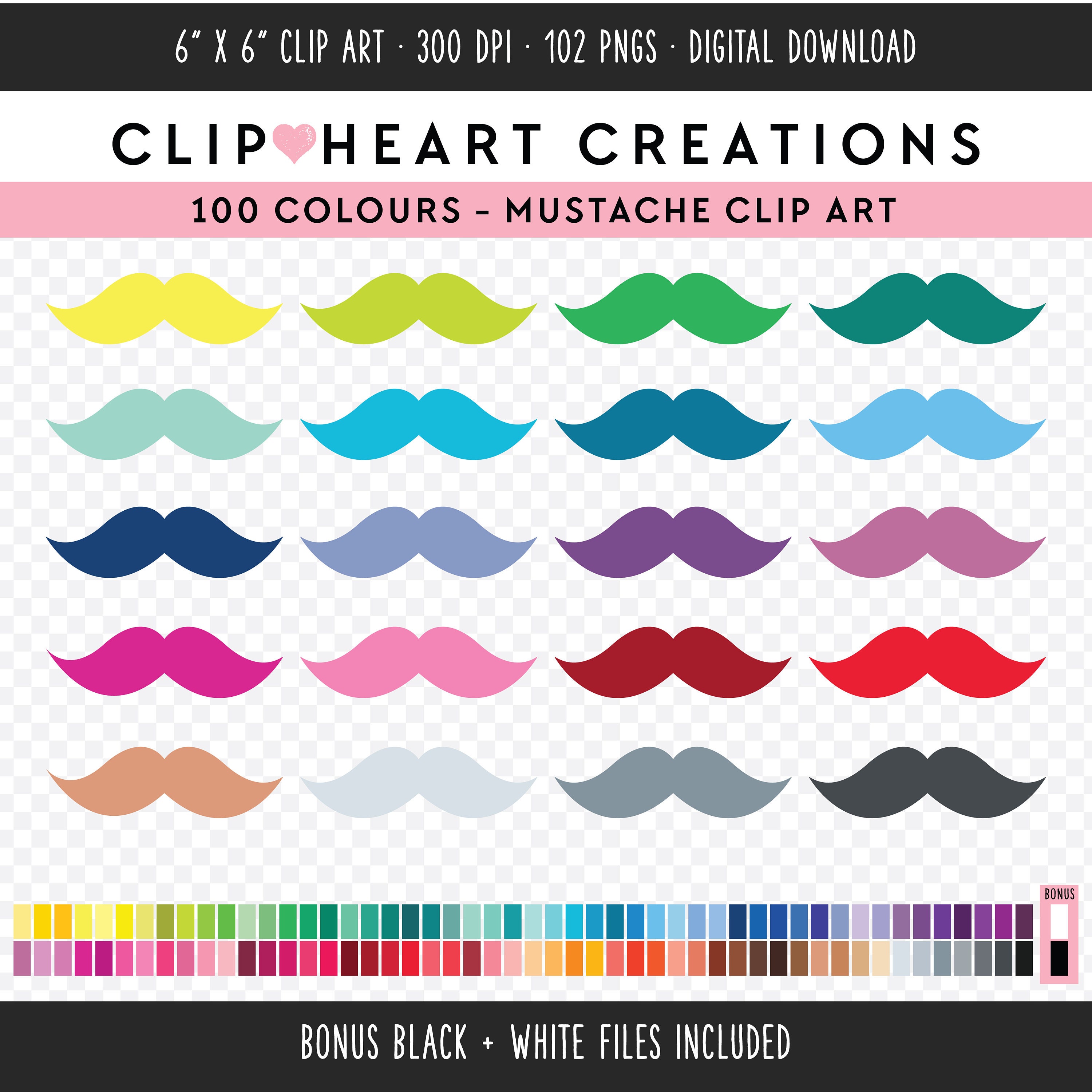 100 Mustache Digital Clip Art, Commercial Use Instant