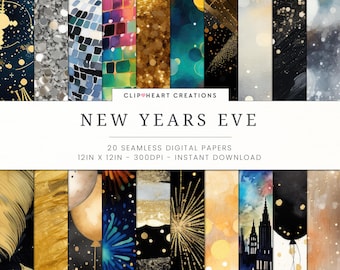 New Years Eve Digital Paper Patterns, 20 Seamless Commercial Use Instant Download New Year Black & Gold Digital Paper, Scrapbooking Papers