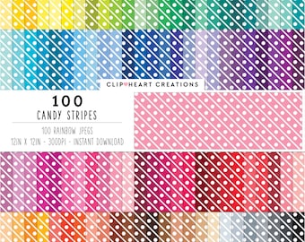 May include: 100 digital paper designs featuring a rainbow of colors with white polka dots and diagonal stripes. Each design is 12 inches by 12 inches and 300 DPI.