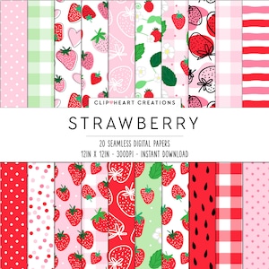 20 Strawberry Themed Digital Papers, Seamless Commercial Use Instant Download Strawberries Themed Digital Paper,  Strawberry Digital Papers