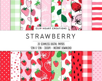 20 Strawberry Themed Digital Papers, Seamless Commercial Use Instant Download Strawberries Themed Digital Paper,  Strawberry Digital Papers