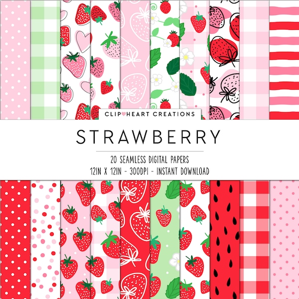 20 Strawberry Themed Digital Papers, Seamless Commercial Use Instant Download Strawberries Themed Digital Paper,  Strawberry Digital Papers