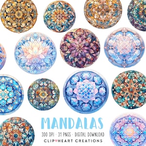 Mandala Watercolor Clipart Set, Commercial Use Instant Download PNG Watercolour Digital Clip Art, Mandalas Watercolour Pack